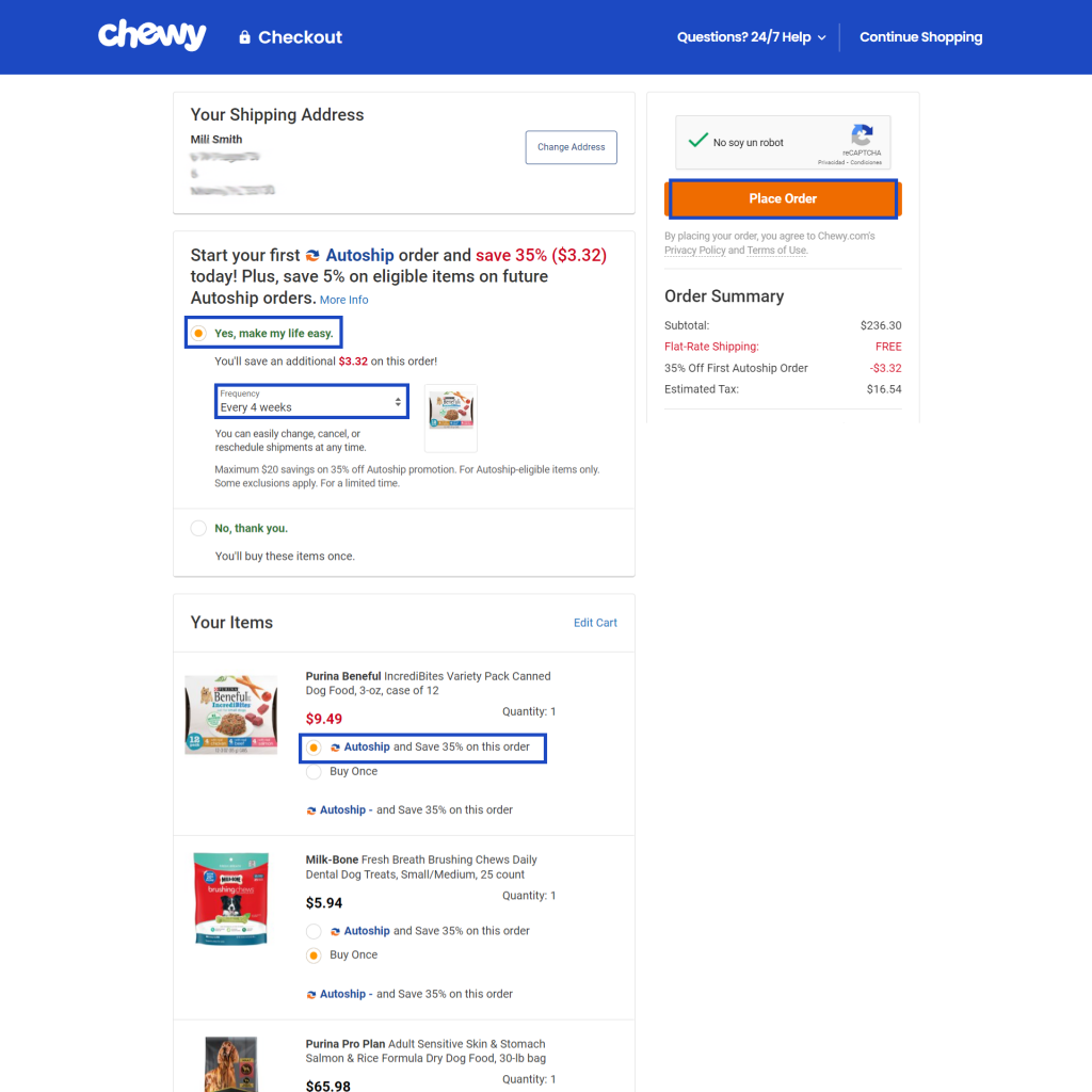 chewy checkout page screenshot with autoship options highlighted