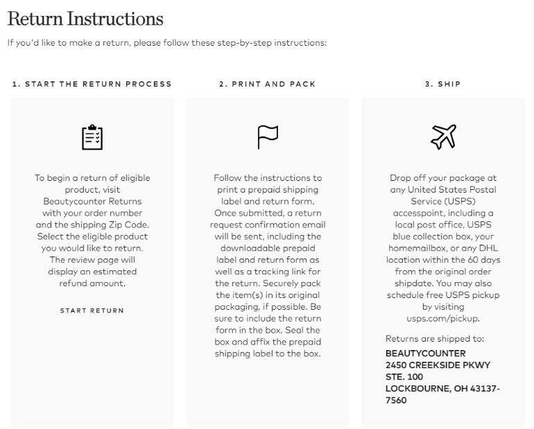 Return Instructions Beautycounter page screenshot