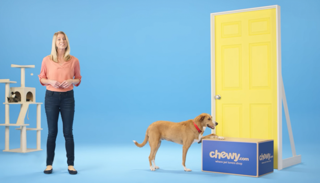 women in blue room with cat tree and dog delivered chewy box in yellow door