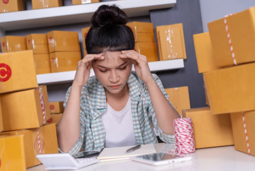 Stressed young woman surrounded by many boxes