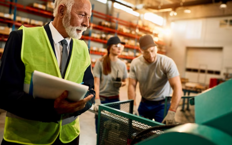 senior businessman taking notes while inspecting workers who are working at the machine in factory warehouse