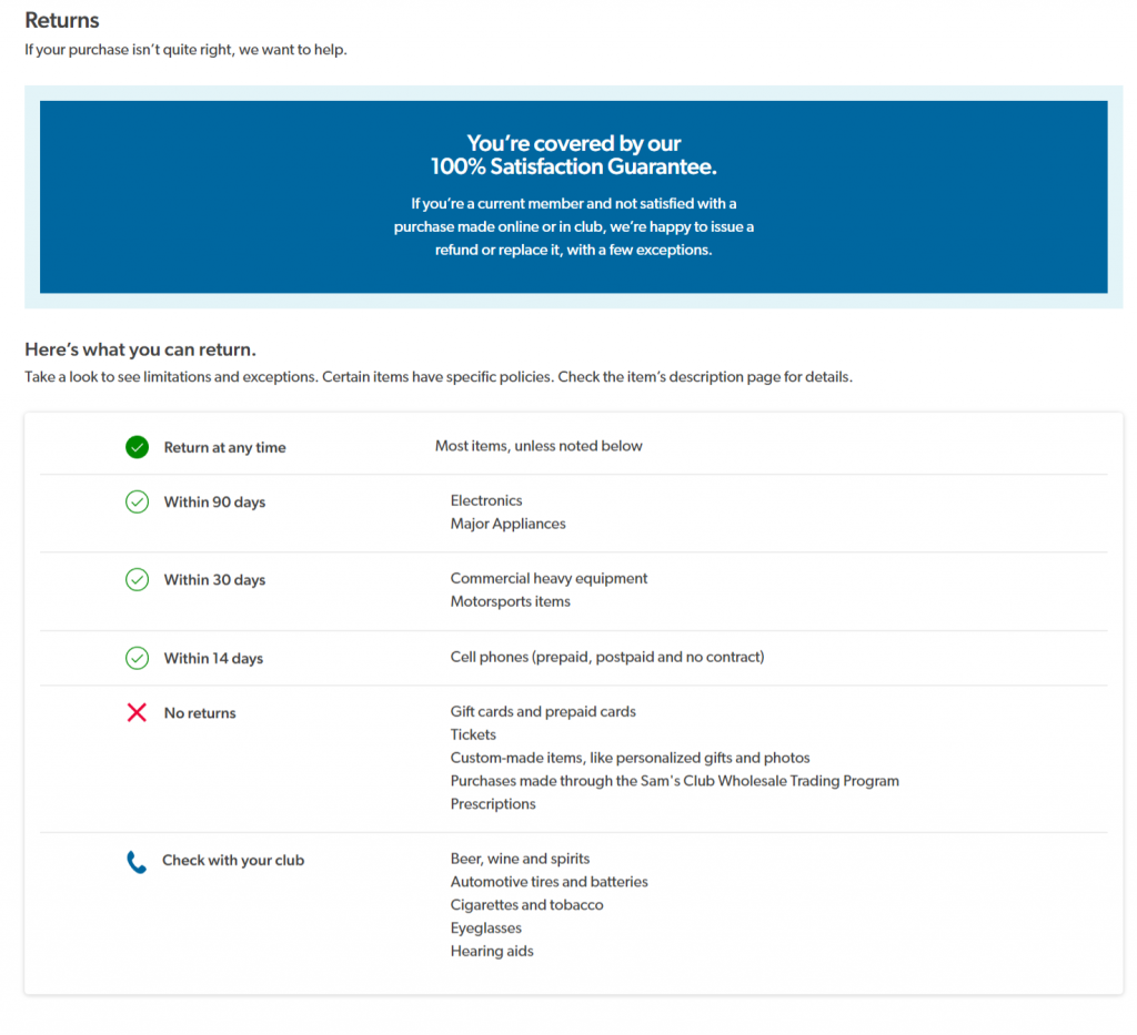 sam's club return page screenshot