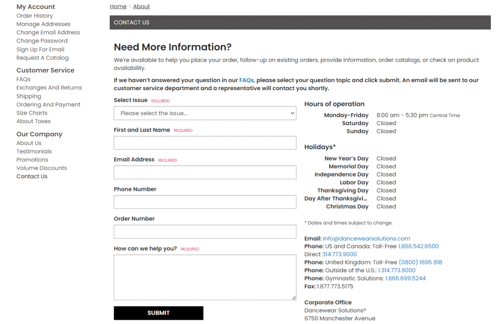 Dancewear web contact us screenshot