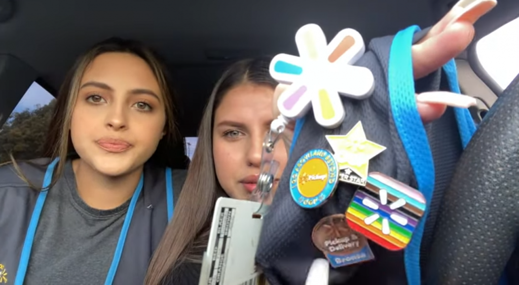 Young girls in car showing off their Walmart worker badges denibeluv youtuber
