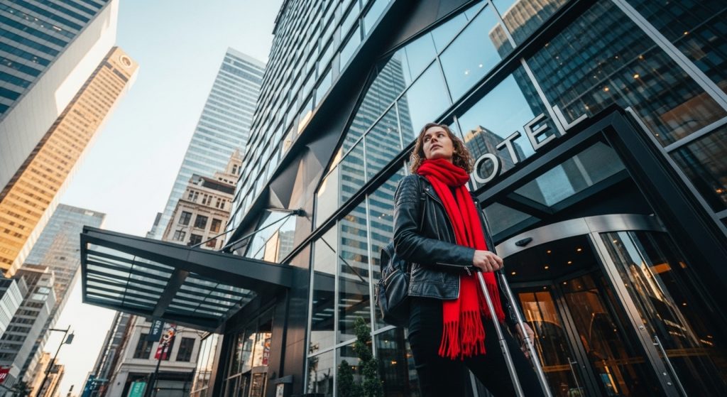 woman entering hotel