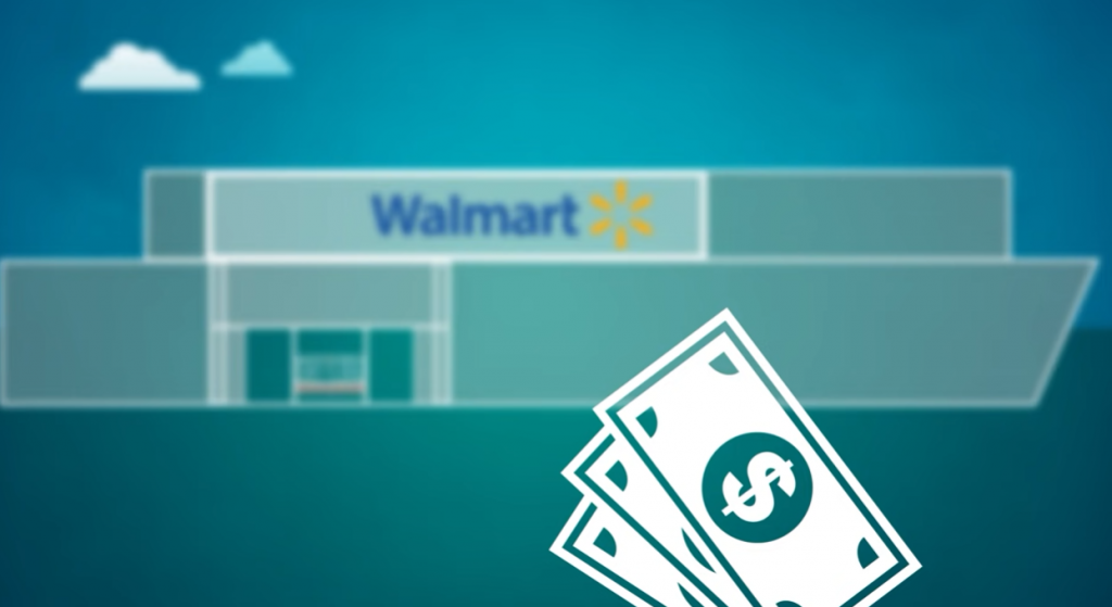 Illustration of a walmart in the background with banknotes in front