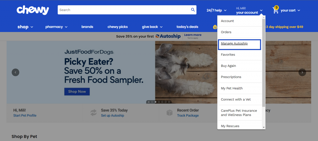 
chewy page screenshot with Manage Autoship button marked