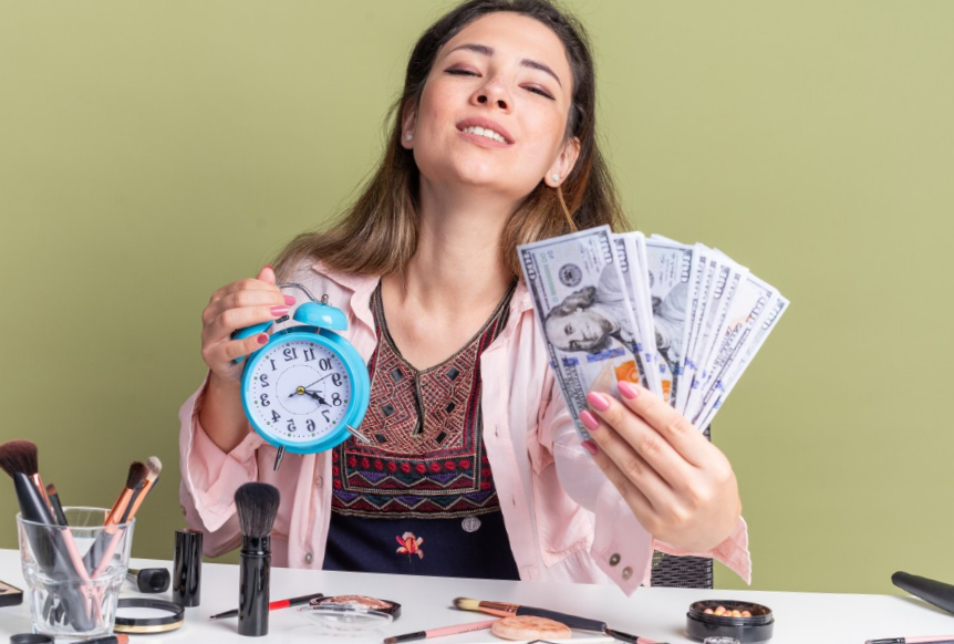 female beauty worker holding a money fan in one hand an a clock in the other. overtime concept