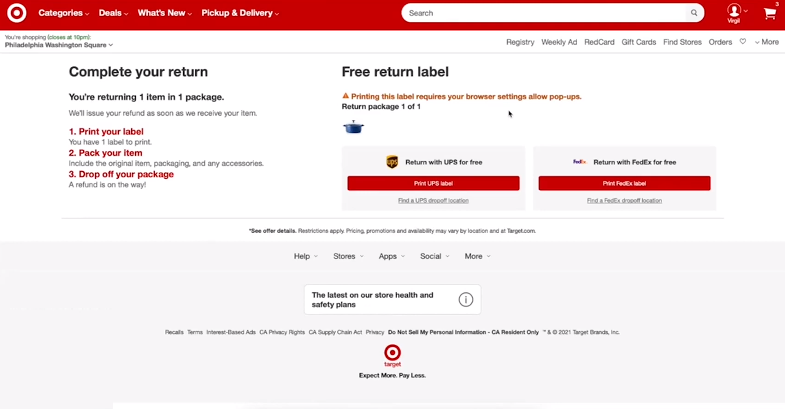 target return page screenshot