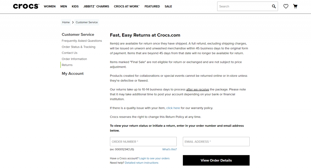 crocs return policy page screenshot