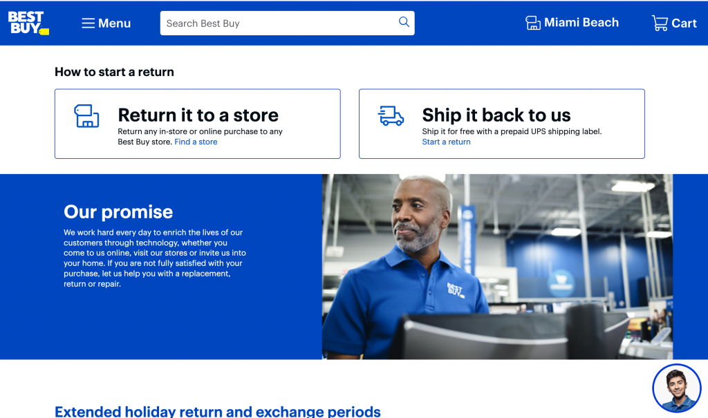 Best Buy returns and exchanges page screenshot