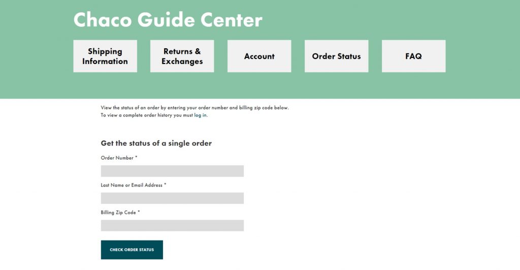Chaco Guide Center Order Status page screenshot