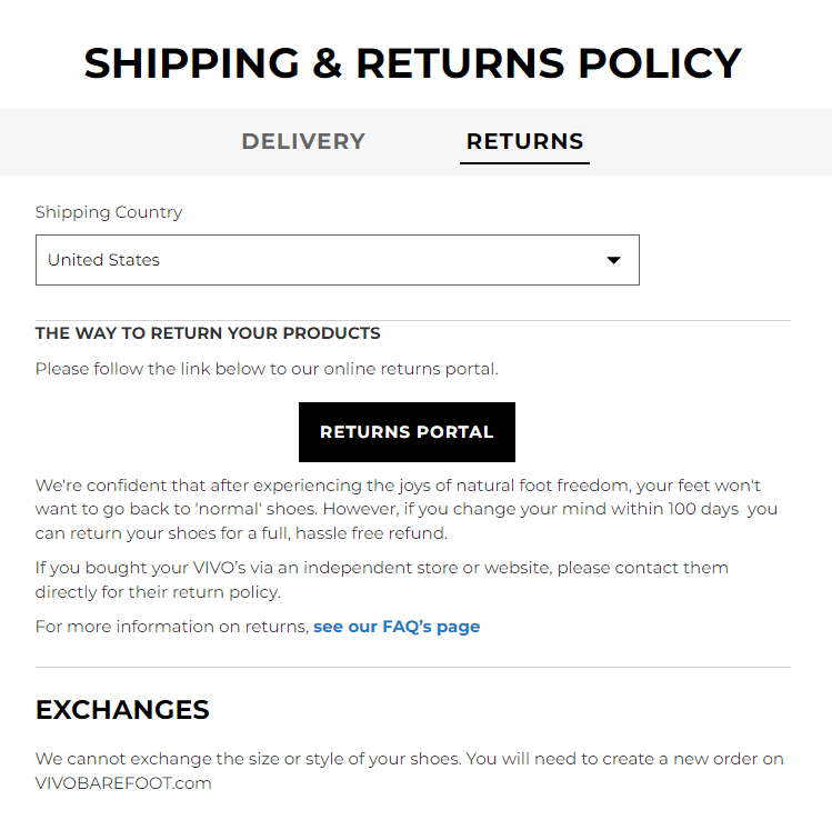 vivobarefoot start return page screenshot