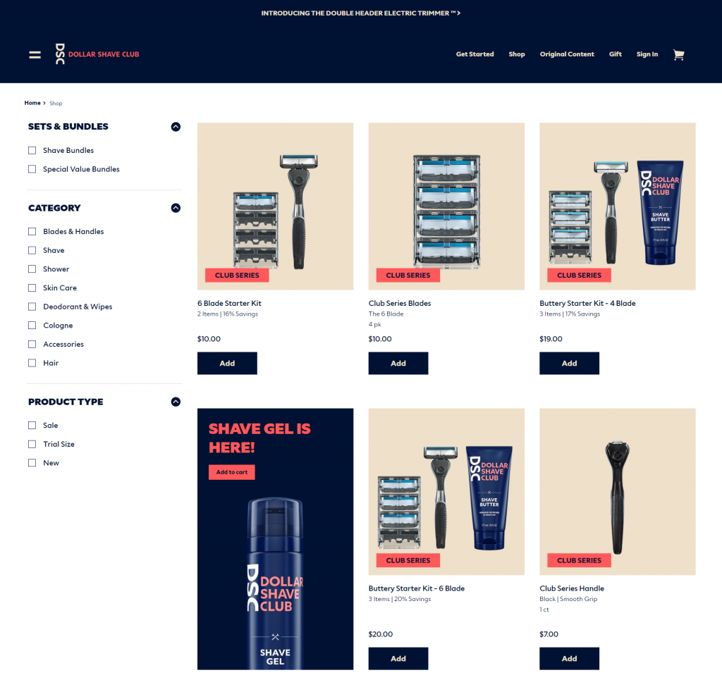 Dollar Shave Club website on products result page Screenshot