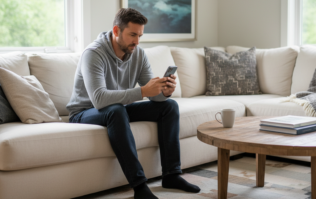 man sitting using cell phone