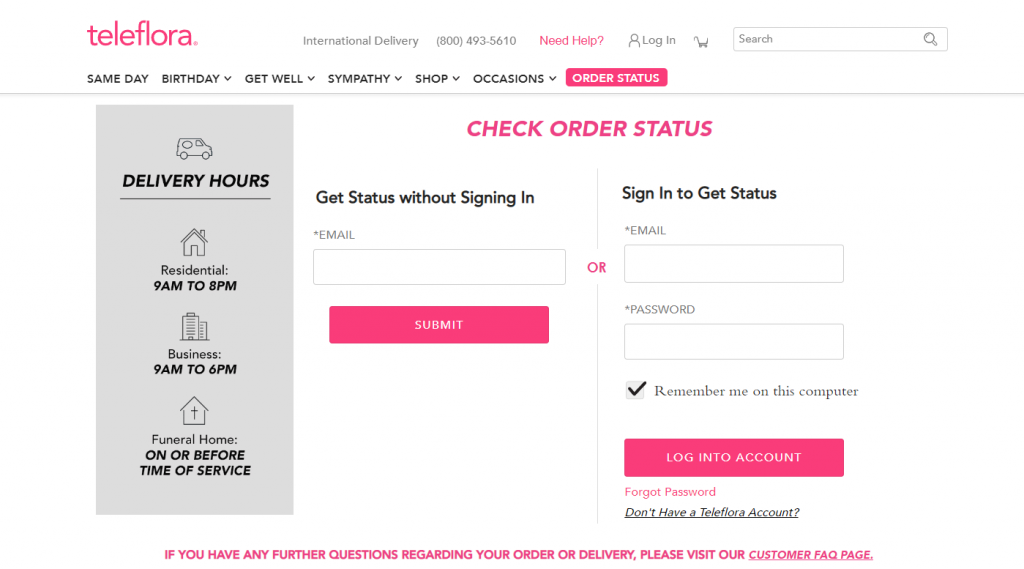 Teleflora Order Status Website page Screenshot
