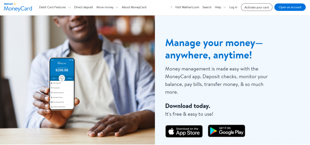 Screenshot of the website to download Walmart MoneyCard