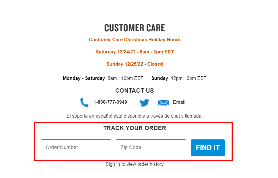 Finish line order status web screenshot