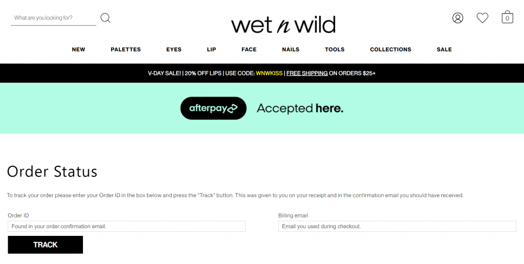 Wet n Wild order status page web screenshot